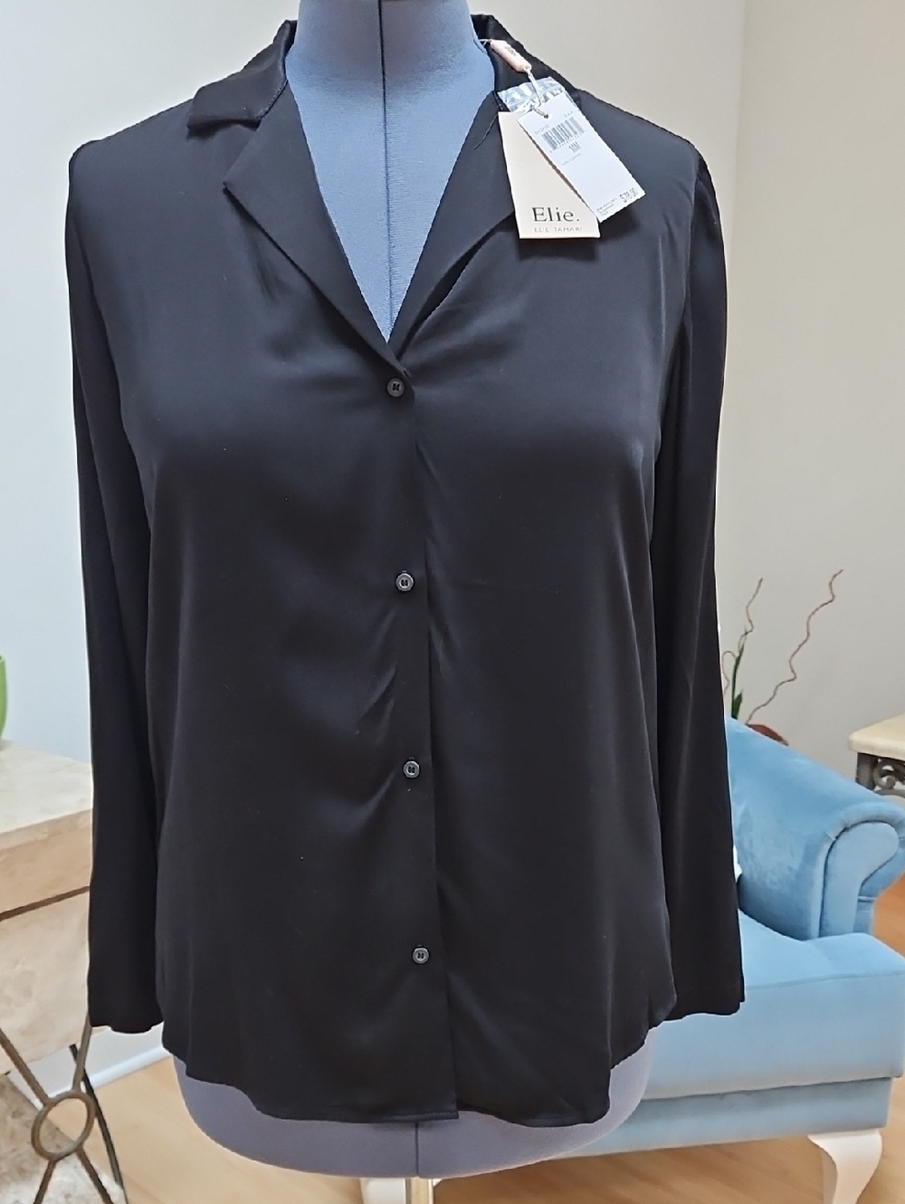 Elie Tahari Black Silk-Look Button Down Shirt